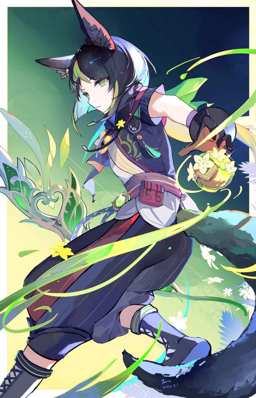1boy absurdres animal_ear_fluff animal_ears bangs black_footwear black_gloves black_hair black_pants bomb boots border bow_(weapon) bright_pupils brown_eyes brown_gloves capri_pants closed_mouth commentary_request crackingtaro drawstring earrings explosive flower fox_boy fox_ears fox_tail genshin_impact gloves green_background green_eyes green_hair hair_between_eyes highres holding holding_bow_(weapon) holding_weapon hood hood_down hoodie hunter's_path_(genshin_impact) jewelry male_focus medal multicolored_clothes multicolored_eyes multicolored_hair outside_border pants pouch rope sash short_hair short_sleeves sidelocks simple_background single_earring solo tail tassel tighnari_(genshin_impact) two-tone_gloves two-tone_hair vision_(genshin_impact) weapon white_border white_pupils yellow_flower