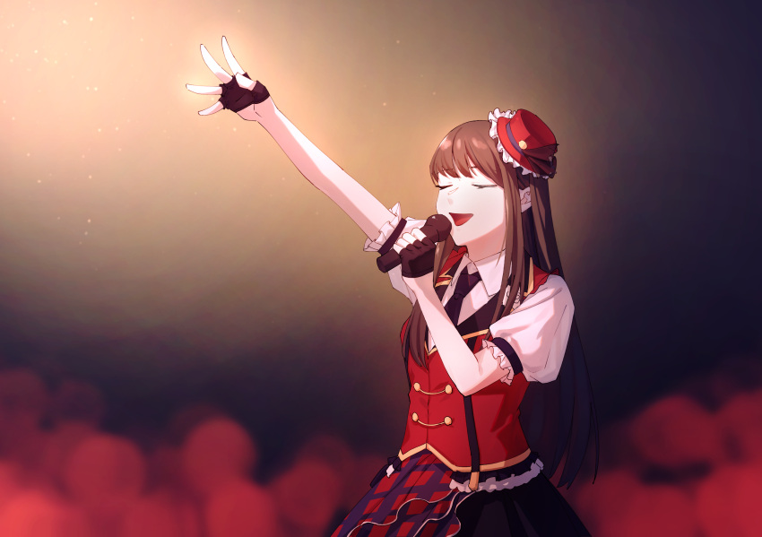 1girl arm_up bangs black_gloves brown_hair chase!_(love_live!) closed_eyes commentary_request fingerless_gloves gloves hat highres kusunoki_tomori love_live! love_live!_nijigasaki_high_school_idol_club music qipao_shui sidelocks singing solo suspenders upper_body voice_actor voice_actor_connection yuuki_setsuna_(love_live!)