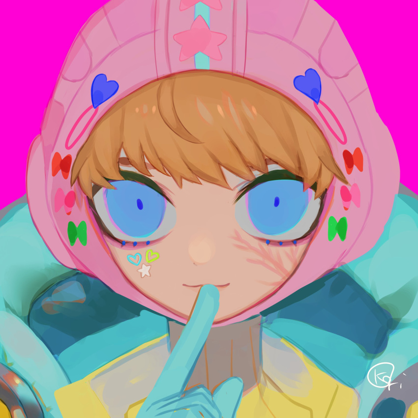 1girl :3 absurdres animification apex_legends bangs blonde_hair blue_eyes blue_gloves blue_pupils closed_mouth facial_mark finger_to_mouth gloves hand_up heart heart_facial_mark highres index_finger_raised kawaii_voltage_wattson lichtenberg_figure looking_at_viewer pink_background pink_headwear portrait scar scar_on_cheek scar_on_face short_hair simple_background smile solo star_(symbol) star_facial_mark straight-on turtleneck wattson_(apex_legends) yxyx_ika