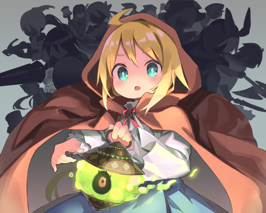 ahoge blonde_hair blue_eyes cloak cloneko_(zelmeledf2) eureka_de_soleil everyone faceless fire green_fire grey_background greyscale high-waist_skirt highres hitodama holding holding_lamp holding_weapon hood hood_up hooded_cloak labyrinth_of_galleria:_coven_of_dusk lamp long_hair looking_at_viewer low_ponytail monochrome neck_ribbon open_mouth red_ribbon ribbon shirt short_hair skirt solo_focus spiky_hair surprised twintails upper_body weapon white_shirt