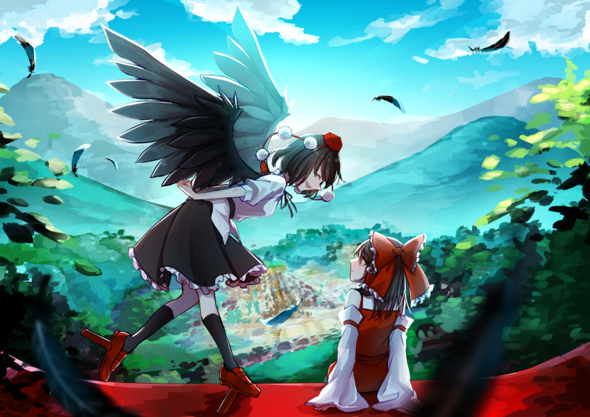 2girls bare_shoulders bird_wings black_hair black_skirt black_socks black_wings bow brown_eyes closed_eyes closed_mouth day detached_sleeves feathered_wings feathers geta hair_bow hair_tubes hakurei_reimu hat highres japanese_clothes kinese_(katasutorohu) kneehighs multiple_girls nontraditional_miko open_mouth pom_pom_(clothes) red_bow red_footwear red_headwear shameimaru_aya shirt short_hair short_sleeves sidelocks skirt smile socks tengu-geta tokin_hat touhou white_shirt white_sleeves wide_sleeves wings