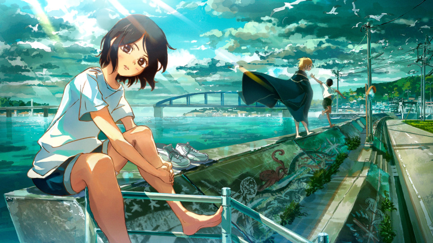 1girl 2boys absurdres bangs bare_legs barefoot bird black_cape black_eyes black_hair black_shorts blonde_hair bridge cape character_request closed_mouth clouds cloudy_sky copyright_request dark-skinned_male dark_skin day graffiti grass hands_on_own_leg harbor hayateluc highres looking_at_viewer moss mountainous_horizon multiple_boys ocean outdoors parted_bangs power_lines road seagull shirt shoes shoes_removed short_hair short_sleeves shorts sitting sky sneakers standing standing_on_one_leg sun sunlight t-shirt white_bird white_shirt