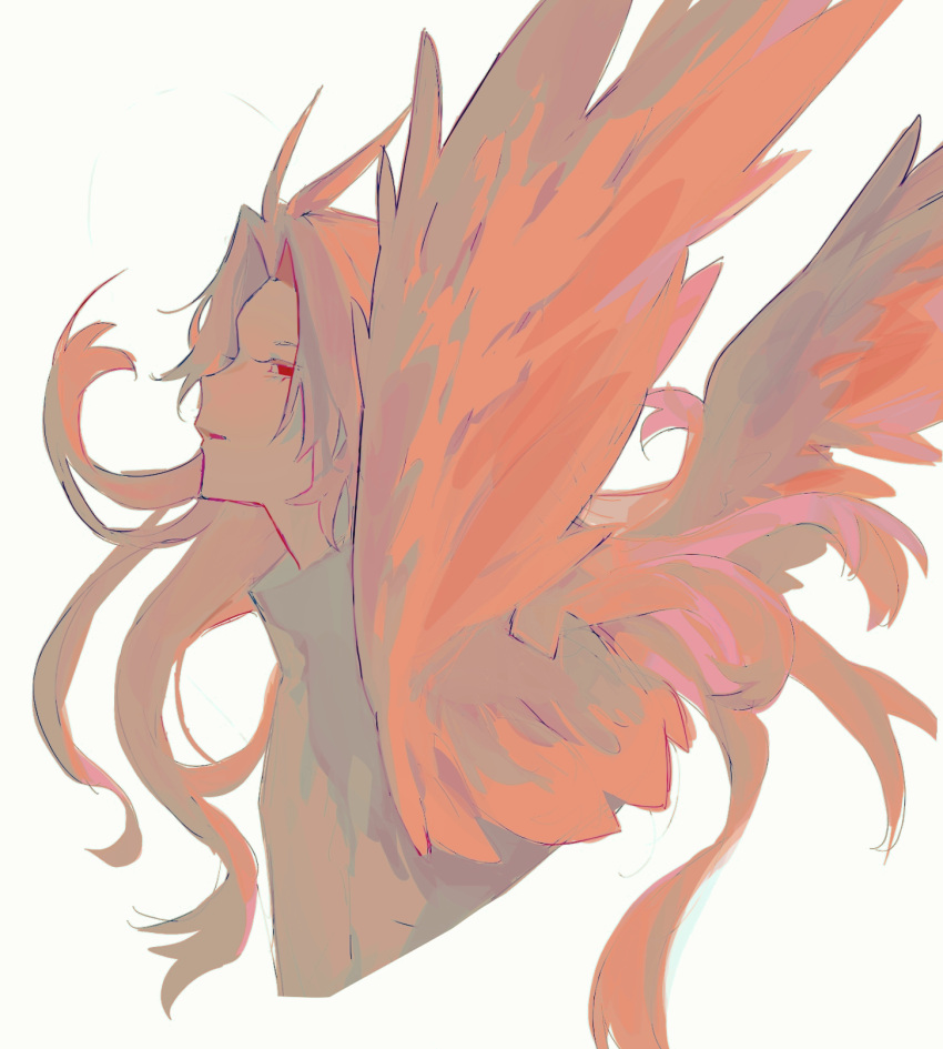 1boy antenna_hair bangs feathered_wings from_side hatsutori_hajime highres long_hair male_focus open_mouth parted_bangs pink_hair pink_wings red_eyes saibou_shinkyoku shirt simple_background solo tu_(7335608837) white_background white_shirt wings