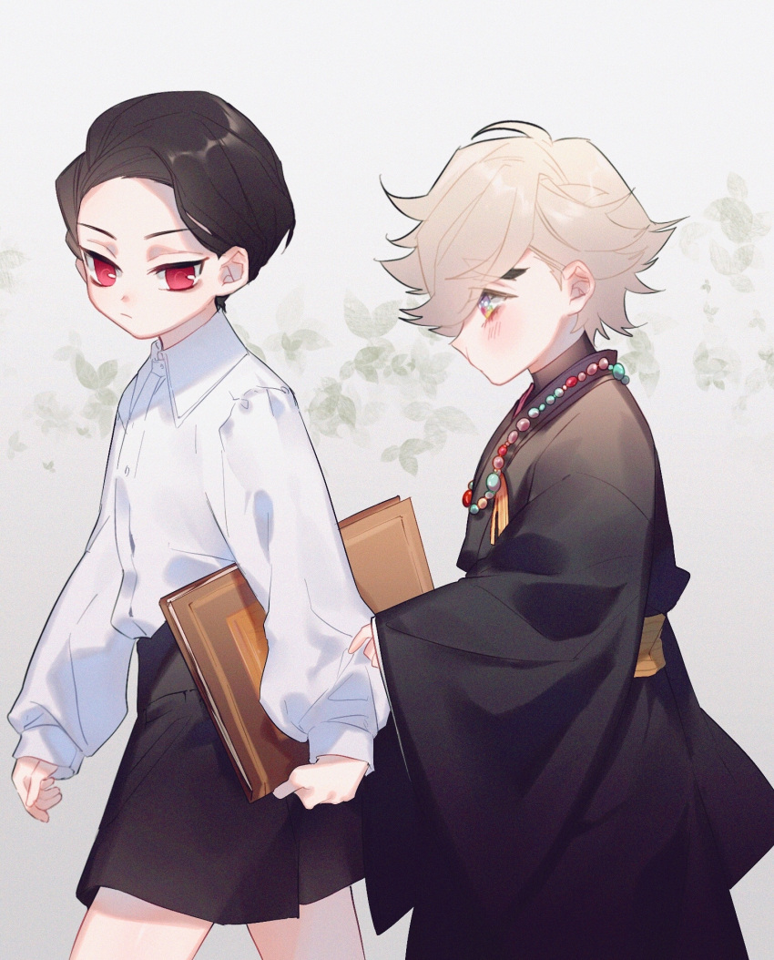 2boys 779762391_(lofter) aged_down arm_grab bangs bead_necklace beads black_hair black_kimono black_shorts book closed_mouth clothes_grab collared_shirt cowboy_shot douma_(kimetsu_no_yaiba) dress_shirt from_side frown grey_background grey_hair highres holding holding_book japanese_clothes jewelry kibutsuji_muzan kimetsu_no_yaiba kimono long_sleeves looking_at_another looking_at_viewer looking_away looking_to_the_side male_focus multicolored_eyes multiple_boys necklace pout red_eyes sash shirt shirt_tucked_in short_hair shorts sleeves_past_wrists time_paradox walking white_hair white_shirt wide_sleeves