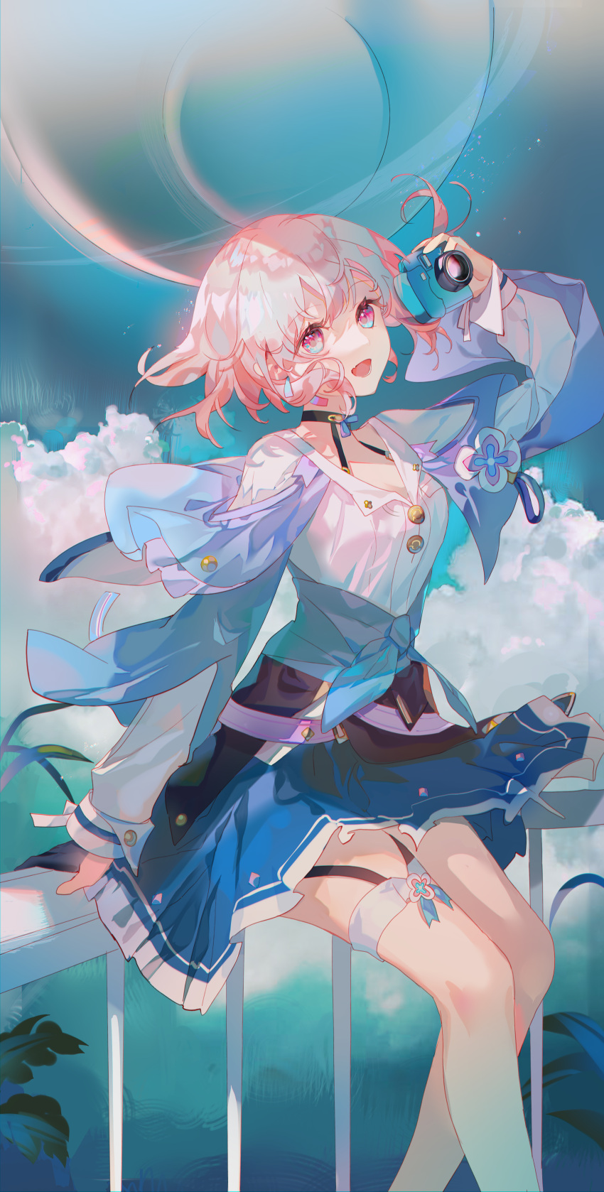 1girl absurdres black_choker black_gloves blue_eyes blue_jacket blue_skirt buttons camera chinese_commentary choker clouds commentary_request cropped_legs earrings eyelashes fre_(haochilanzuo) gloves gradient_eyes hand_up highres holding holding_camera honkai:_star_rail honkai_(series) jacket jewelry long_sleeves march_7th_(honkai:_star_rail) multicolored_eyes open_mouth partially_fingerless_gloves pink_eyes pink_hair shirt single_earring sitting skirt solo thigh_strap two-tone_eyes underbust white_shirt
