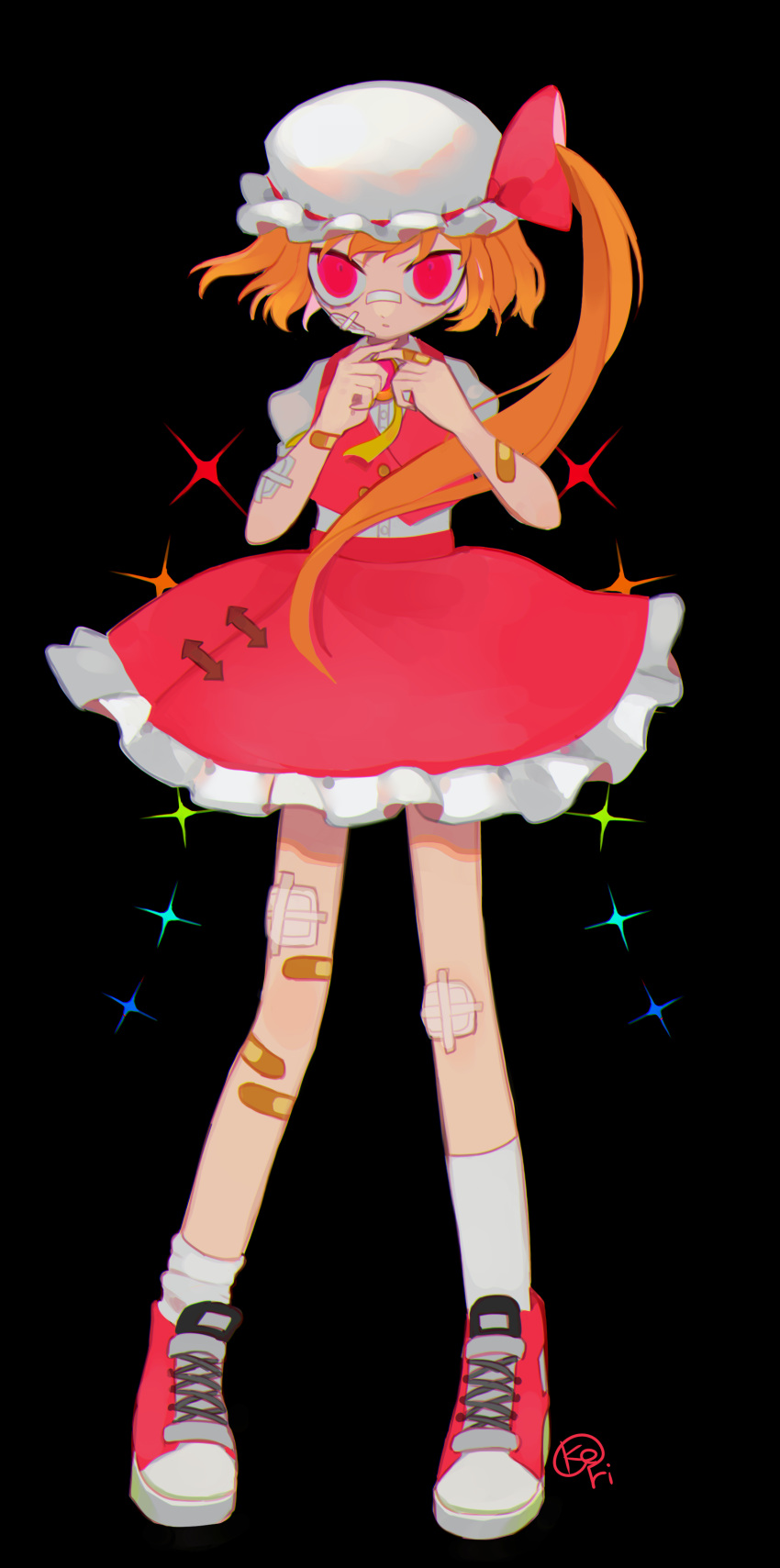 1girl absurdres adapted_costume asymmetrical_legwear bandage_on_face bandage_on_knee bandages bandaid bandaid_on_arm bandaid_on_hand bandaid_on_leg bangs blonde_hair brooch buttons center_frills closed_mouth dress_shirt flandre_scarlet frilled_skirt frills full_body green_footwear hands_up hat hat_ribbon highres jewelry legs_apart long_hair mob_cap multicolored_footwear puffy_short_sleeves puffy_sleeves red_eyes red_footwear red_ribbon red_skirt red_vest ribbon shirt shoes short_sleeves side_ponytail simple_background skirt skirt_set sneakers socks solo sparkle standing touhou vest white_footwear white_headwear white_shirt white_socks yxyx_ika
