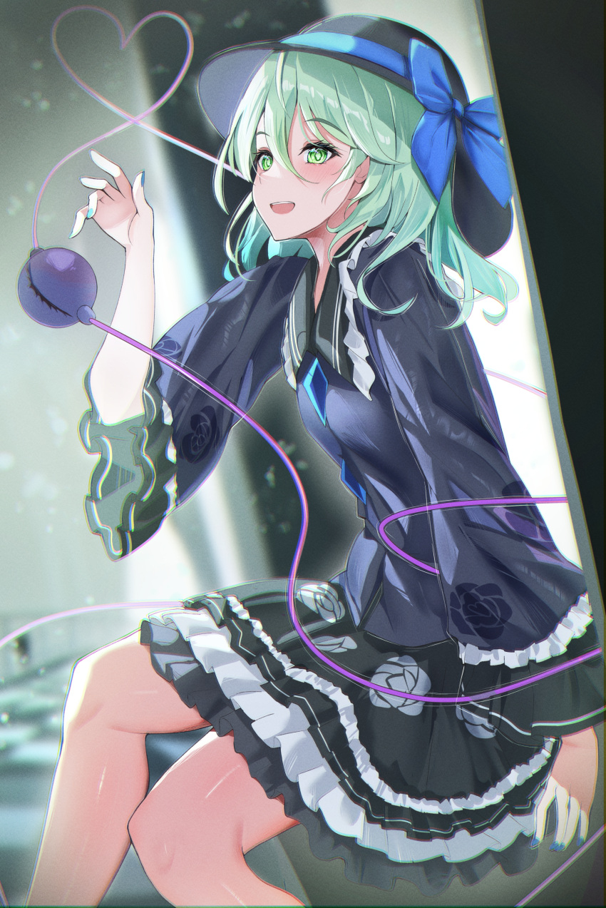 1girl 258n absurdres black_headwear black_skirt blue_bow blue_jacket blue_nails bow floral_print from_side green_eyes green_hair heart highres jacket komeiji_koishi long_sleeves open_mouth sitting skirt smile solo touhou