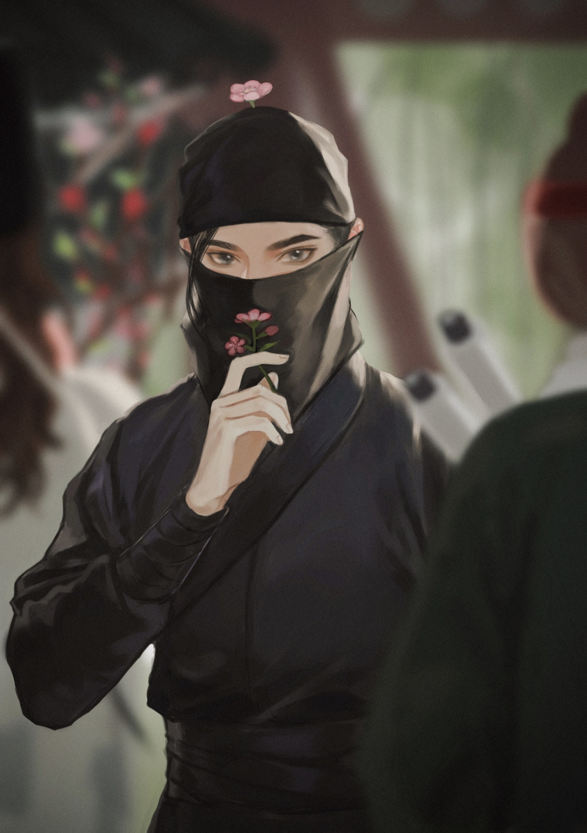 3boys absurdres black_hair black_headwear black_shirt blurry blurry_background brown_hair character_request chinese_clothes chinese_commentary covered_mouth depth_of_field facing_away fcpaizi flower flower_on_head hand_up hanfu hat highres holding holding_flower long_sleeves looking_at_viewer male_focus mask mouth_mask multiple_boys one_hundred_scenes_of_jiangnan sash shen_zhou shirt smelling_flower solo solo_focus tang_yin upper_body