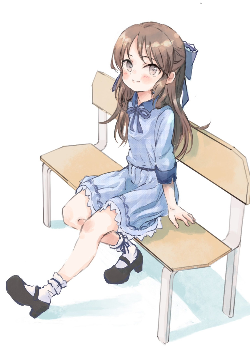 1girl bangs bench black_footwear blue_bow blue_bowtie blue_dress blush bow bowtie brown_eyes brown_hair commentary dot_nose dress female_child flat_chest hair_bow highres idolmaster idolmaster_cinderella_girls legs long_hair long_sleeves looking_at_viewer on_bench park_bench shin_fuj sidelocks sitting smile socks solo tachibana_arisu white_background white_socks