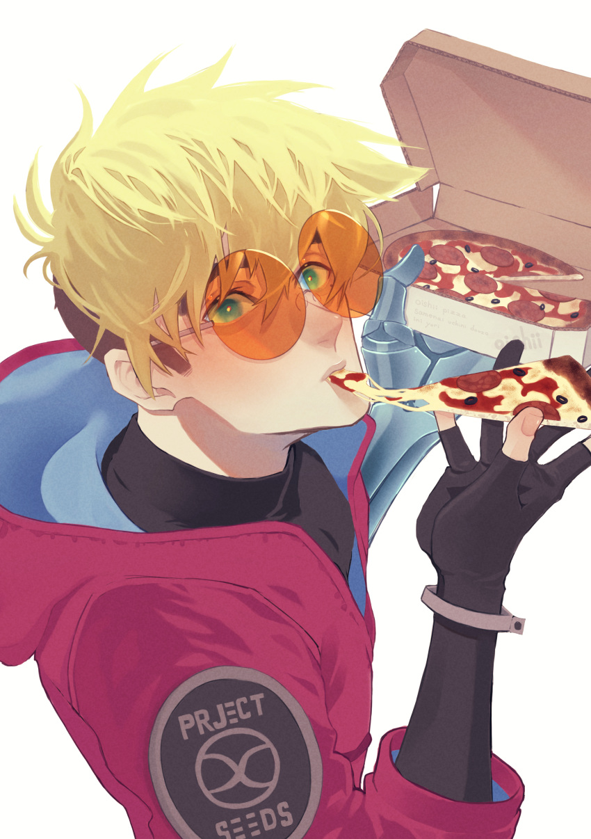 1boy absurdres blonde_hair coat eating food green_eyes highres inictlo pizza prosthesis prosthetic_arm red_coat simple_background solo sunglasses trigun trigun_stampede vash_the_stampede white_background