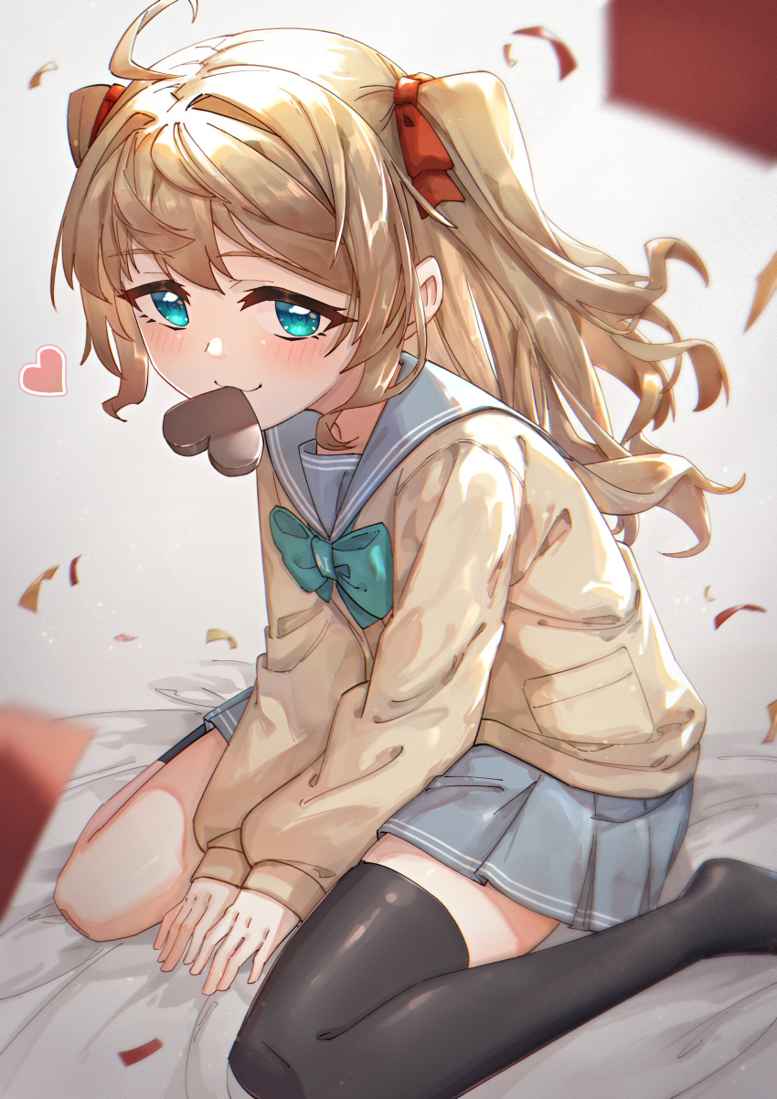 1girl absurdres ahoge bandaid bandaid_on_knee bandaid_on_leg black_socks black_thighhighs blue_eyes blue_sailor_collar blue_skirt blush bow bowtie candy cardigan chinese_commentary chocolate confetti english_commentary food food_in_mouth green_bow green_bowtie hair_bow heart heart-shaped_chocolate highres indie_virtual_youtuber kneehighs light_brown_hair long_hair long_sleeves looking_at_viewer mesugaki mixed-language_commentary momose_hiyori mouth_hold neuro-sama pleated_skirt red_bow rune_(dualhart) sailor_collar school_uniform serafuku sidelocks single_kneehigh single_sock single_thighhigh sitting skirt smile socks thigh-highs two_side_up valentine virtual_youtuber wariza yellow_cardigan