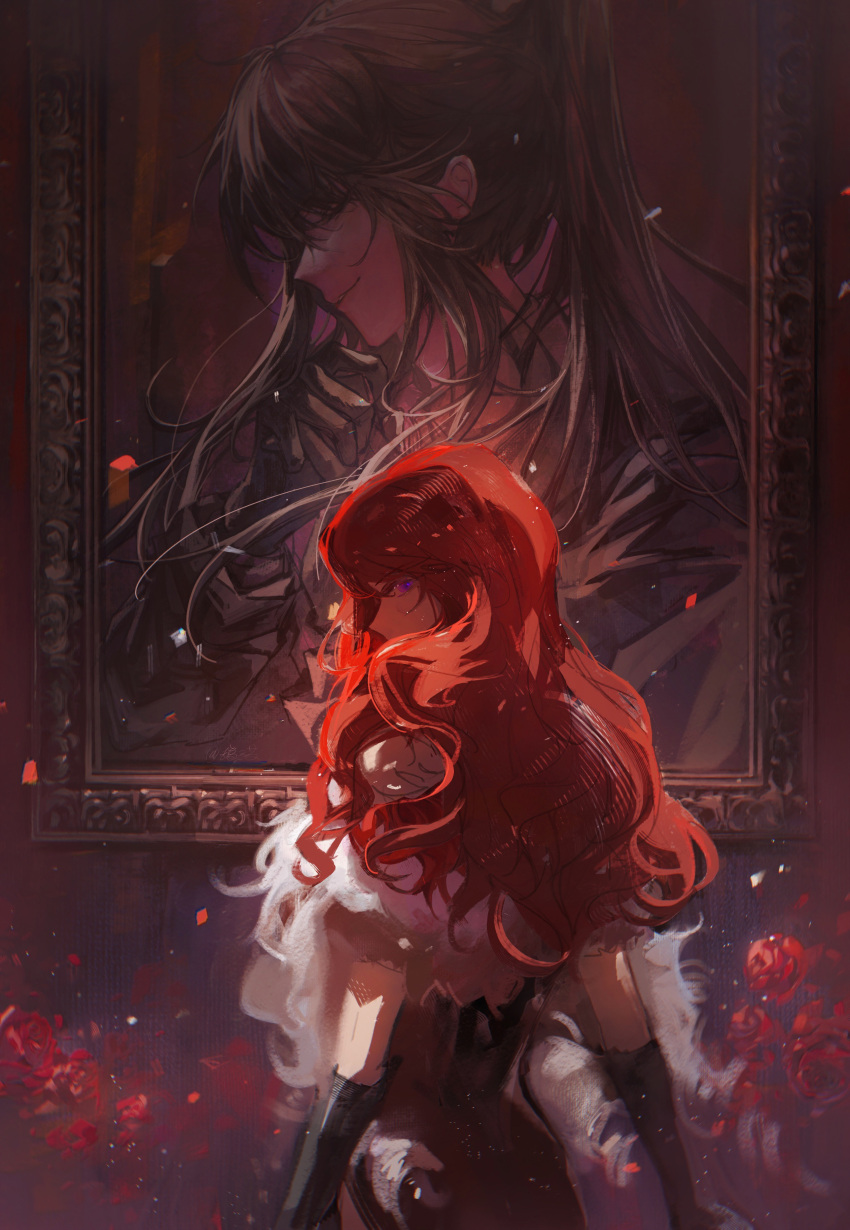 1boy 1girl absurdres bai_liu black_gloves dress flower from_side gloves hearts_(i_became_a_god_in_a_horror_game) high_ponytail highres i_became_a_god_in_a_horror_game light_smile lizicha long_hair looking_back picture_frame profile red_flower red_rose redhead rose smile upper_body wavy_hair