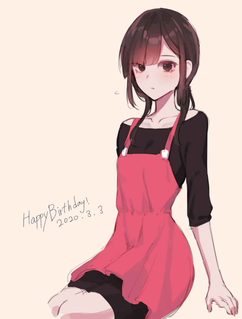 ! 1girl arm_support asahina_hiyori bangs black_eyes black_hair black_shirt black_shorts blunt_bangs brown_hair casual closed_mouth collarbone cropped_legs dated english_text flying_sweatdrops gradient_hair hair_over_shoulder happy_birthday highres kagerou_project looking_away low_twintails multicolored_hair off-shoulder_shirt off_shoulder overalls pink_overalls pink_skirt rax_(pixiv_47057609) shirt shorts simple_background sitting skirt sleeves_past_elbows solo twintails white_background