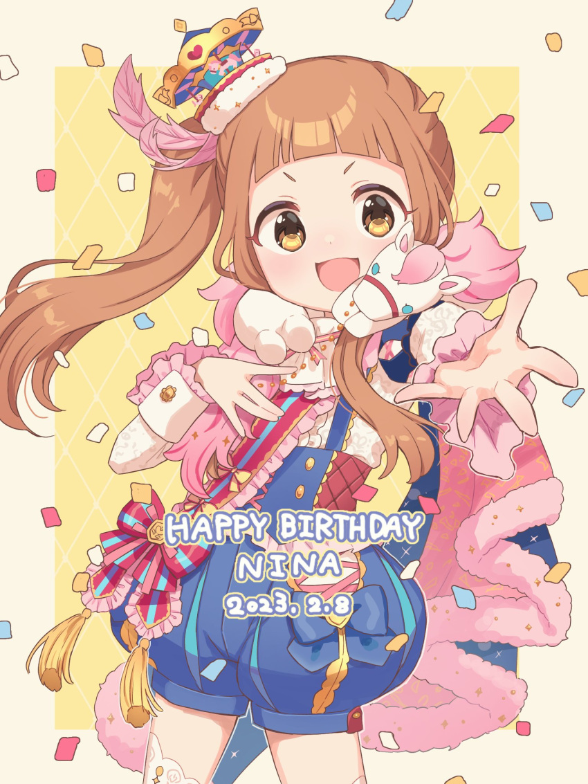 1girl bangs blue_shorts blunt_bangs blush border brown_eyes buttons cape commentary confetti dot_nose euphoniummatsu female_child frilled_shirt frilled_sleeves frills fur-trimmed_cape fur_trim hair_ornament hand_up highres ichihara_nina idolmaster idolmaster_cinderella_girls idolmaster_cinderella_girls_starlight_stage light_brown_hair long_hair looking_at_viewer open_mouth pink_cape puffy_shorts shirt shorts side_ponytail sidelocks smile solo suspender_shorts suspenders thigh-highs v-shaped_eyebrows white_border white_shirt white_thighhighs yellow_background