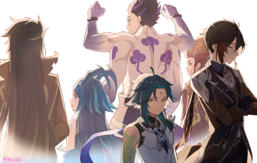 2girls 4boys absurdres after3310 ahoge aqua_hair arm_tattoo arms_up artist_name back_tattoo bandaged_arm bandages bangs bead_necklace beads black_gloves blue_eyes blue_hair bonanus_(genshin_impact) bosacius_(genshin_impact) brown_hair brown_jacket brown_shirt brown_vest closed_eyes closed_mouth collared_shirt commentary crossed_arms earrings extra_arms facial_mark facing_away fiery_hair forehead_mark genshin_impact gloves green_eyes green_hair hair_between_eyes highres horns indarias_(genshin_impact) jacket jewelry long_hair long_sleeves looking_at_viewer low_ponytail menogias_(genshin_impact) multicolored_hair multiple_boys multiple_girls necklace necktie open_mouth parted_bangs ponytail profile purple_hair redhead scar scar_across_eye shirt short_hair short_hair_with_long_locks shoulder_spikes sidelocks simple_background single_earring sleeveless sleeveless_shirt smile smirk spikes spiky_hair streaked_hair tassel tassel_earrings tattoo upper_body very_long_hair vest white_background white_necktie white_shirt xiao_(genshin_impact) yellow_eyes zhongli_(genshin_impact)
