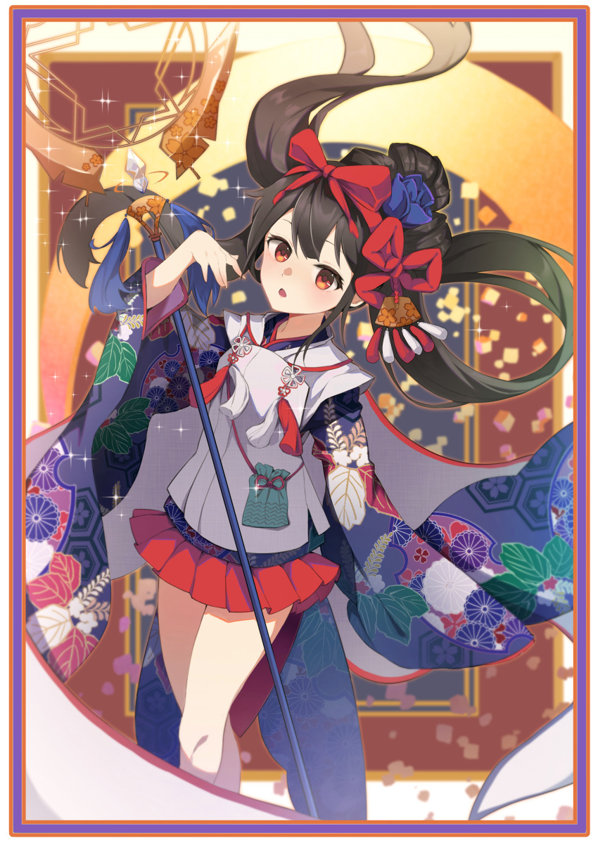 absurdres bangs border bow brown_hair chinese_knot fate/grand_order fate_(series) floral_print flower hair_flower hair_ornament hair_rings hairband highres holding holding_staff jacket layered_clothes long_hair long_sleeves looking_at_viewer miniskirt miyu_edelfelt open_mouth red_bow red_eyes red_hairband red_skirt skirt sleeveless sleeveless_jacket sparkle staff tassel white_jacket wide_sleeves yingzi_luren