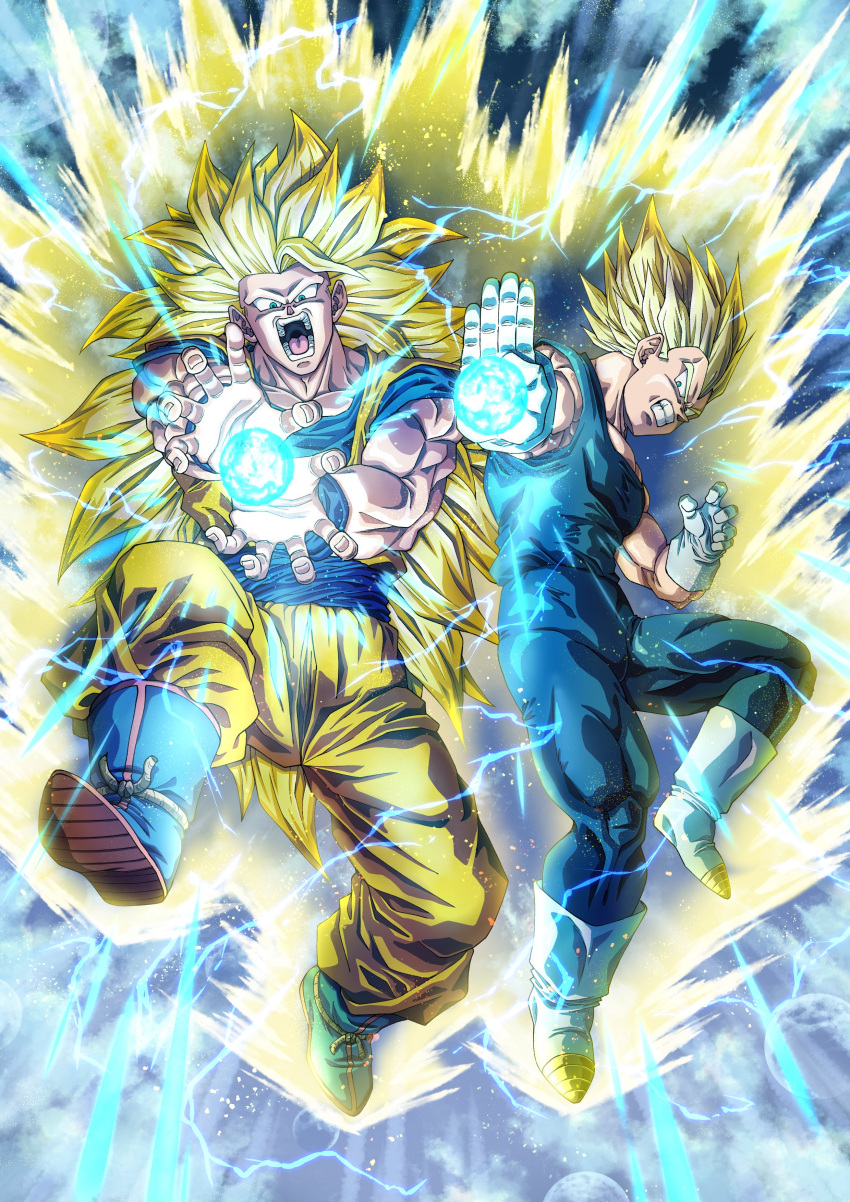 2boys absurdres angry aura bare_shoulders biceps blonde_hair blue_bodysuit blue_footwear blue_sash blue_shirt bodysuit boots clenched_teeth commentary_request dougi dragon_ball dragon_ball_z electricity energy energy_ball full_body gloves green_eyes hands_up highres incoming_attack long_hair looking_at_viewer male_focus mocky_art multiple_boys muscular muscular_male no_eyebrows open_mouth outstretched_arm sash shirt short_sleeves sleeveless sleeveless_bodysuit son_goku spiky_hair super_saiyan super_saiyan_2 super_saiyan_3 teeth tongue v-shaped_eyebrows vegeta white_footwear white_gloves