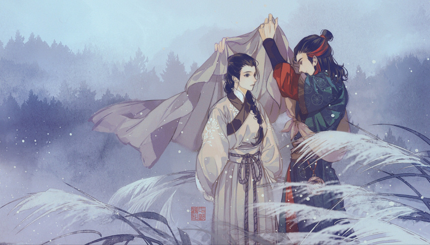 1boy 1girl arms_behind_back arms_up black_hair blurry braid braided_ponytail character_request chinese_clothes cowboy_shot depth_of_field eye_contact forest green_robe grey_robe grey_sky hair_over_shoulder hair_pulled_back half_updo hanfu highres holding holding_clothes improvised_umbrella layered_sleeves light_particles long_hair long_sleeves looking_at_another medium_hair mengxiaheqing nature one_hundred_scenes_of_jiangnan outdoors parted_lips pouch profile puffy_long_sleeves puffy_sleeves redhead robe rope sash short_over_long_sleeves short_sleeves single_braid smile standing yaopei
