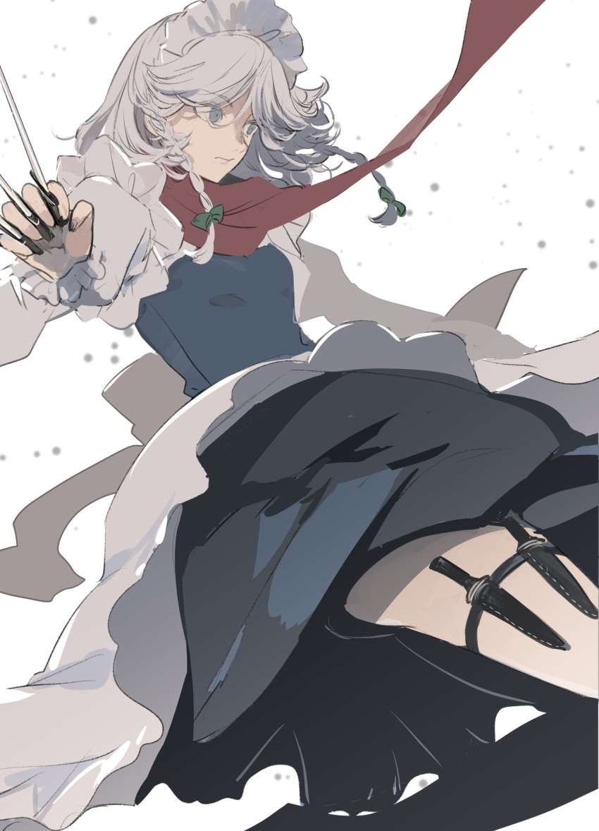 1girl apron back_bow bangs between_fingers blue_dress blue_eyes bow braid breasts closed_mouth dress frills green_bow grey_bow grey_hair grey_shirt hair_between_eyes hair_bow hand_up highres holding holding_knife holding_weapon izayoi_sakuya juliet_sleeves kerok_(joniko1110) knife long_sleeves looking_to_the_side maid maid_headdress medium_breasts puffy_sleeves red_scarf scarf shirt short_hair simple_background solo touhou twin_braids weapon white_apron white_background