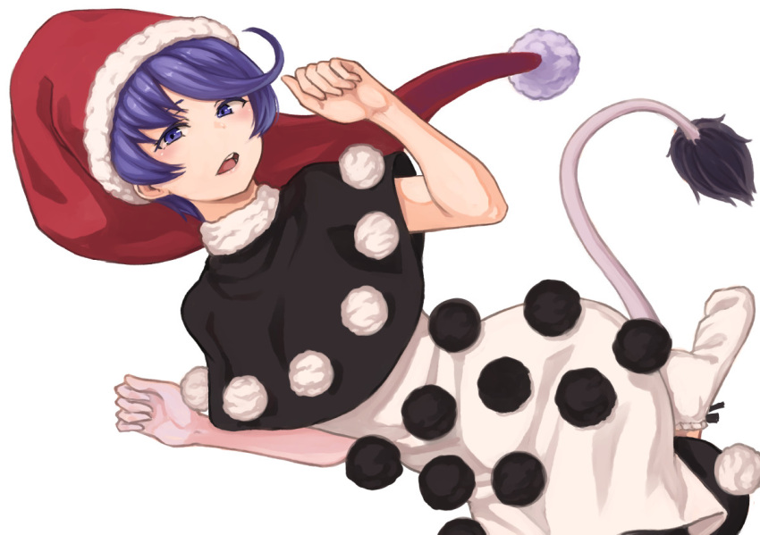 1girl bangs black_capelet capelet commentary_request doremy_sweet dress hat kakone looking_at_viewer nightcap open_mouth pom_pom_(clothes) purple_hair red_headwear santa_hat short_hair simple_background solo tail tapir_tail teeth touhou upper_teeth_only violet_eyes white_background white_dress