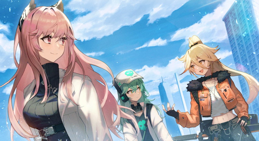 3girls animal_ears antonina_(girls'_frontline_nc) aqua_hair baseball_cap black_gloves blonde_hair breasts building clouds cloudy_sky collarbone commentary_request fingerless_gloves fur-trimmed_jacket fur_trim girls'_frontline_neural_cloud girls_frontline gloves hair_between_eyes hat headphones highres jacket jewelry labcoat large_breasts long_hair looking_at_another looking_back midriff multiple_girls navel necklace open_clothes open_jacket open_mouth orange_eyes orange_jacket outdoors persicaria_(girls'_frontline_nc) pink_eyes pink_hair ponytail ribbed_sweater shirt skull_print sky smile sol_(girls'_frontline_nc) sweater talking white_headwear white_shirt yellow_eyes zakkuri