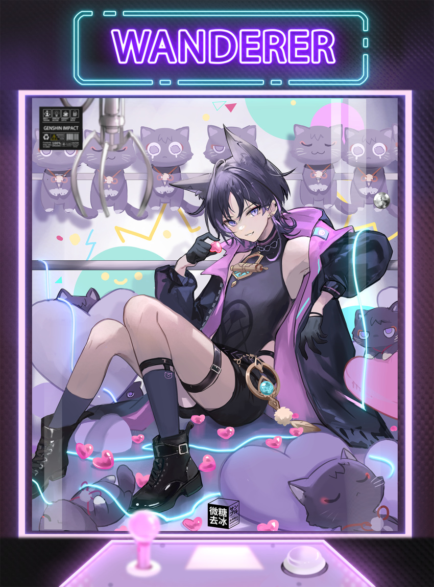 1boy alternate_costume animal_ear_fluff animal_ears arcade_stick bangs bare_shoulders black_footwear black_gloves black_hair black_jacket black_shirt black_shorts blue_socks boots cat cat_ears character_name chinese_commentary commentary_request controller crane_game earclip earrings full_body game_controller genshin_impact gloves hand_up heart heart_pillow highres holding issign jacket jewelry joystick kemonomimi_mode long_sleeves looking_at_viewer male_focus multicolored_hair neon_lights open_clothes open_jacket parted_bangs parted_lips pillow pom_pom_(clothes) puffy_long_sleeves puffy_sleeves purple_hair scaramouche_(cat)_(genshin_impact) scaramouche_(genshin_impact) shirt short_hair short_shorts shorts sidelocks sitting sleeveless sleeveless_shirt smile socks solo streaked_hair thigh_strap violet_eyes vision_(genshin_impact) wanderer_(genshin_impact) watermark