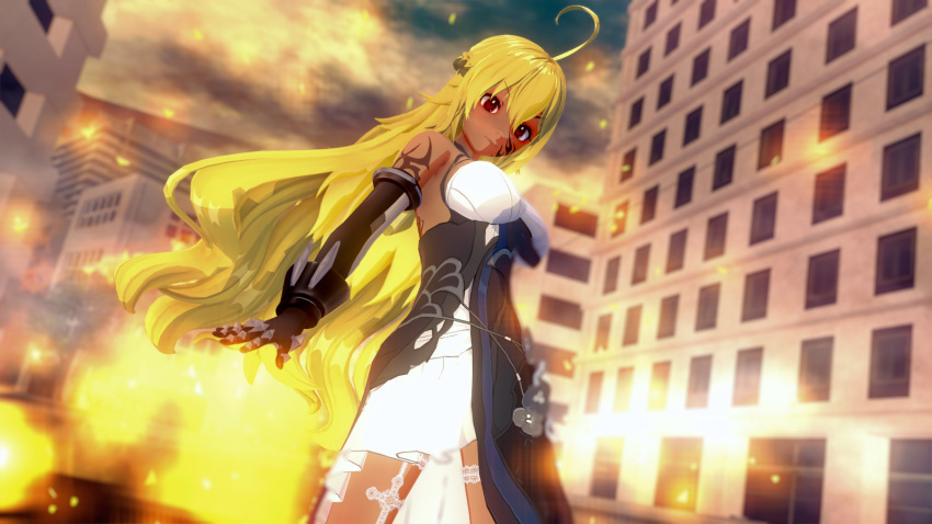 1girl 3d ahoge alternate_costume alternate_eye_color alternate_skin_color blonde_hair body_writing breasts building city clouds commentary_request corruption dark_persona dark_skin dragalia_lost elbow_gloves fire flame gloves highres junazura koikatsu_(medium) long_hair looking_at_viewer looking_to_the_side midriff morsayati multicolored_hair outdoors possessed red_eyes ribbon sky smile standing tattoo zethia