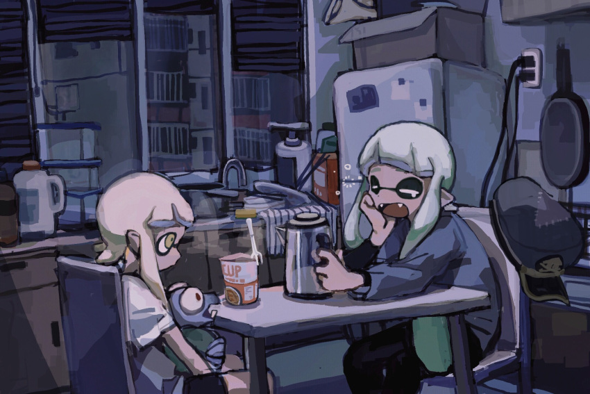 2girls agent_3_(splatoon) agent_3_(splatoon_3) bangs blonde_hair cable chair closed_mouth dr_mice fangs faucet green_hair hat hat_removed headwear_removed highres holding indoors inkling inkling_girl kettle little_buddy_(splatoon) long_hair long_sleeves multiple_girls night open_mouth pants pointy_ears ramen refrigerator salmonid shirt short_sleeves shorts sink sitting sleepy smallfry_(splatoon) splatoon_(series) splatoon_3 table tentacle_hair twintails window yawning