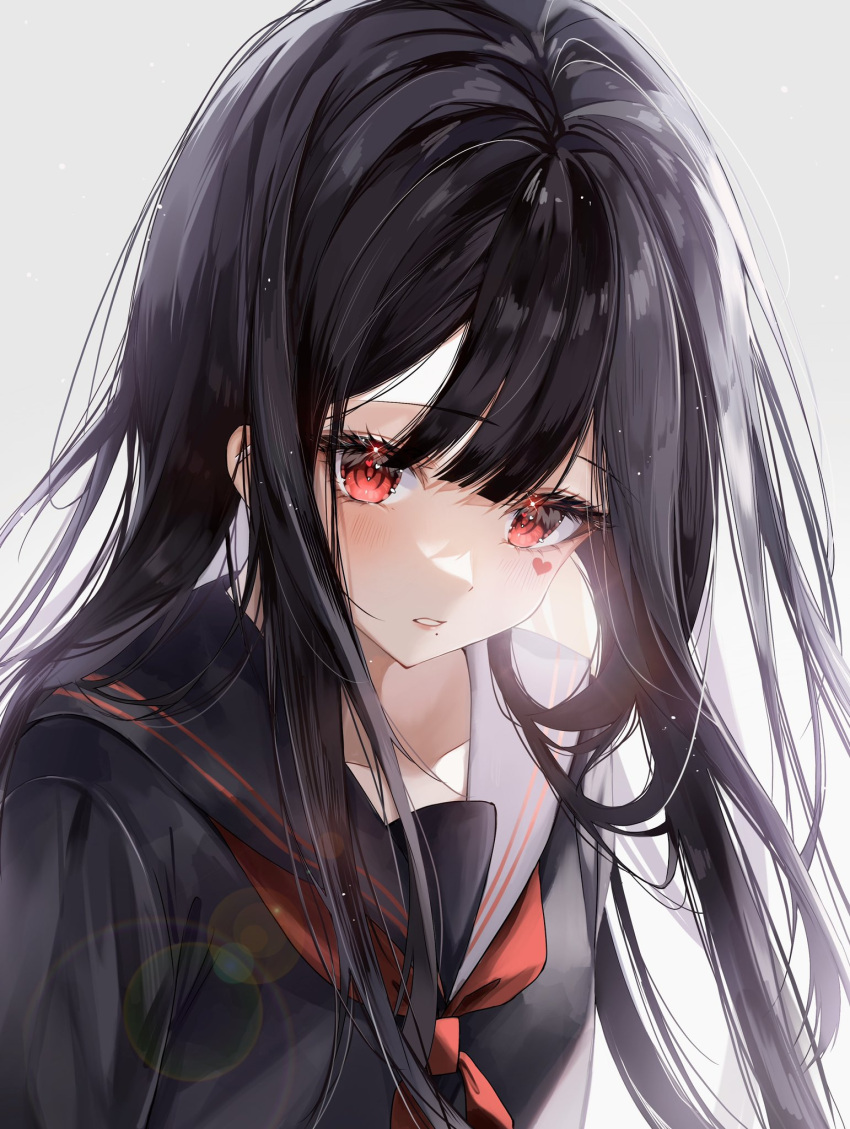 1girl bangs black_hair black_sailor_collar black_serafuku black_shirt borrowed_character commentary_request enokawa_kokoro facial_tattoo grey_background heart heart_in_eye heart_tattoo highres kaidayo lens_flare light_particles long_hair looking_at_viewer mole mole_under_mouth neckerchief original parted_lips red_eyes red_neckerchief sailor_collar school_uniform serafuku shirt sidelighting sidelocks simple_background solo symbol_in_eye tattoo upper_body