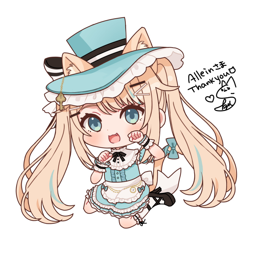 1girl :d animal_ear_fluff apron black_footwear blonde_hair blue_dress blue_eyes blue_hair blue_headwear blush bow center_frills chibi commentary_request commission dress ears_through_headwear fang frilled_apron frills full_body hair_ornament hairclip hands_up hat hat_bow heart high_heels highres indie_virtual_youtuber key kisaragi_nemu kneehighs kurono_kito long_hair looking_at_viewer multicolored_hair paw_pose revision signature simple_background sitting skeb_commission smile socks solo streaked_hair striped striped_bow thank_you twintails very_long_hair virtual_youtuber waist_apron wariza white_apron white_background white_socks wrist_cuffs