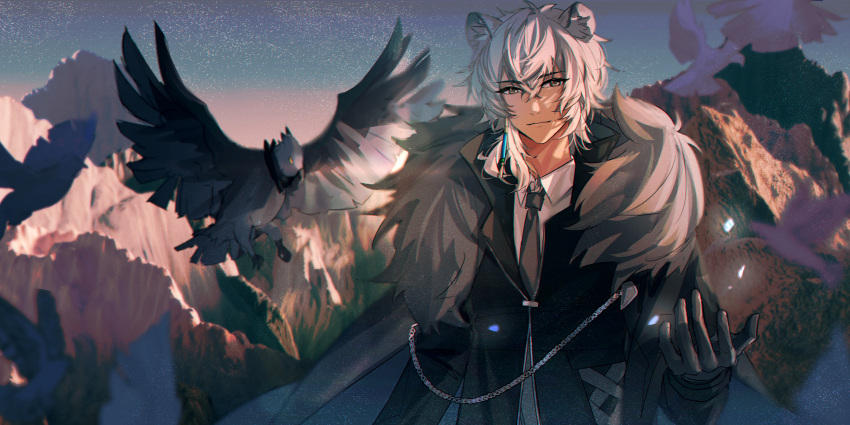 1boy absurdres animal_ears arknights bangs bird black_coat black_gloves black_necktie closed_mouth coat day fur_collar gloves grey_hair haku_(muc12b) highres leopard_ears long_hair long_sleeves looking_at_viewer male_focus mountain necktie outdoors outstretched_hand scenery shirt smile solo sunlight tenzin_(arknights) upper_body white_shirt