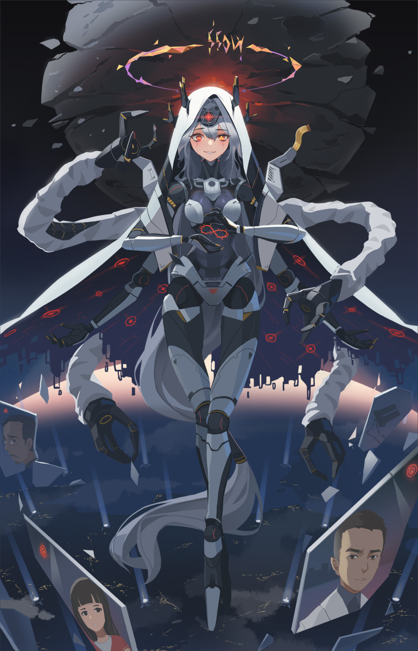 2boys 2girls android black_eyes black_hair bodysuit breasts broken_halo cape character_request city_lights color_banding earth_(planet) extra_arms glasses grey_hair halo highres hime_cut hood horns infinity long_hair mechanical_arms mechanical_legs medium_breasts moss_(the_wandering_earth) multiple_boys multiple_girls planet red_eyes sima_naoteng smile symbol-shaped_pupils the_wandering_earth yellow_pupils