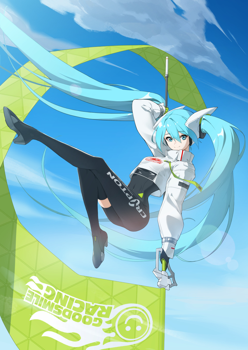 1girl absurdres asymmetrical_bodysuit bangs black_bodysuit black_gloves blue_eyes blue_hair blue_sky bodysuit boots closed_mouth clouds commentary cropped_jacket flag flagpole full_body gloves hatsune_miku high_heels highres jacket krrk long_hair long_sleeves looking_at_viewer outdoors racequeen racing_miku racing_miku_(2022) single_leg_bodysuit single_thigh_boot single_thighhigh sky smile smiley_face solo text_print thigh-highs thigh_boots twintails vocaloid white_jacket