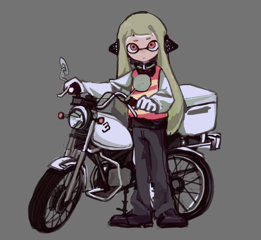 1girl agent_3_(splatoon) bangs black_footwear black_pants closed_mouth dr_mice full_body gloves grey_background ground_vehicle headphones high-visibility_vest highres inkling inkling_girl long_hair long_sleeves looking_at_viewer motor_vehicle motorcycle pants red_eyes simple_background solo splatoon_(series) splatoon_3 standing tentacle_hair twintails white_gloves