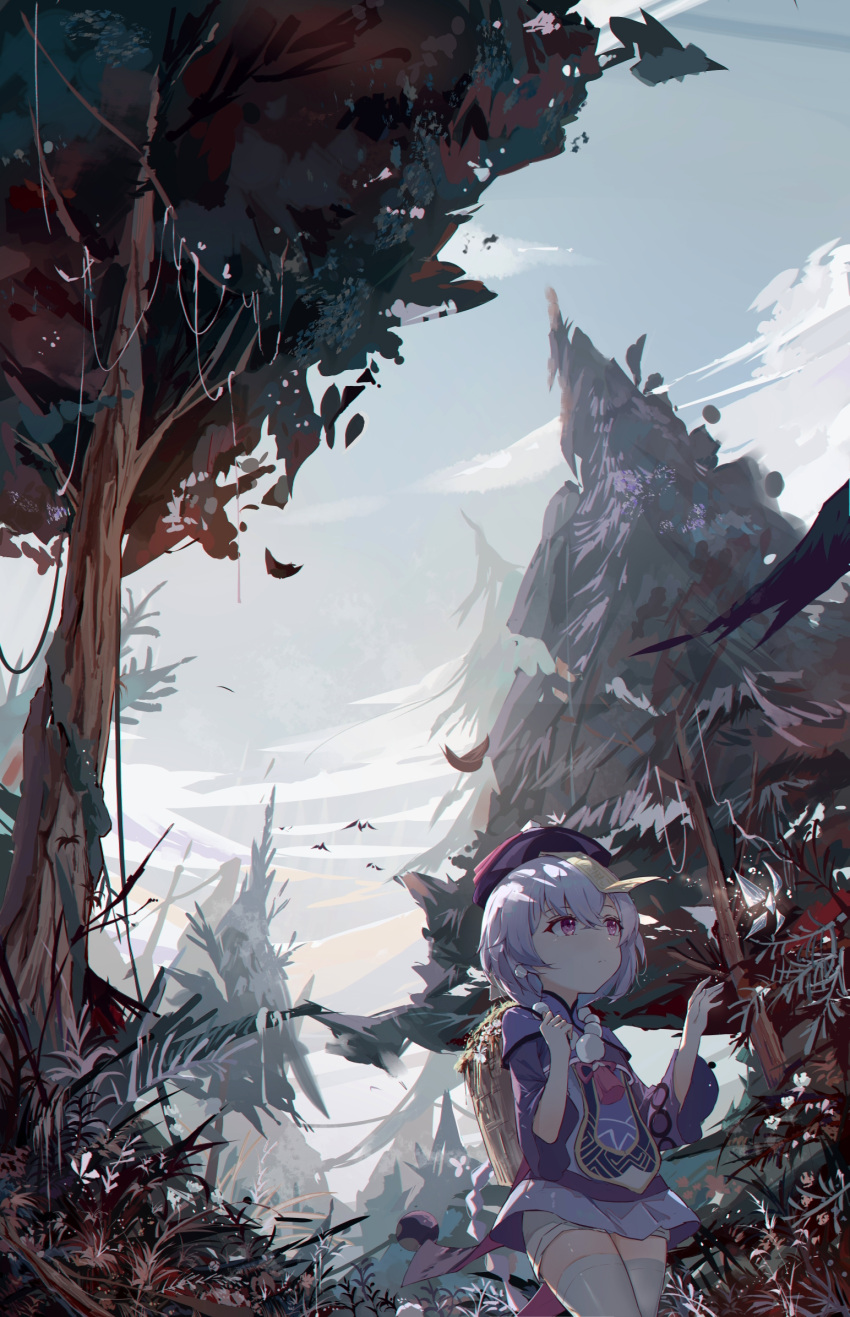 1girl arms_up bangs bird blue_dress blue_headwear braid chestnut_mouth clouds cloudy_sky day dress forest genshin_impact gradient_sky hair_between_eyes hair_ornament hat highres jacket long_hair long_sleeves nature purple_hair purple_jacket qing_guanmao qiqi_(genshin_impact) red_eyes short_shorts shorts shorts_under_dress single_braid sky solo thigh-highs tree white_shorts white_thighhighs yajuu