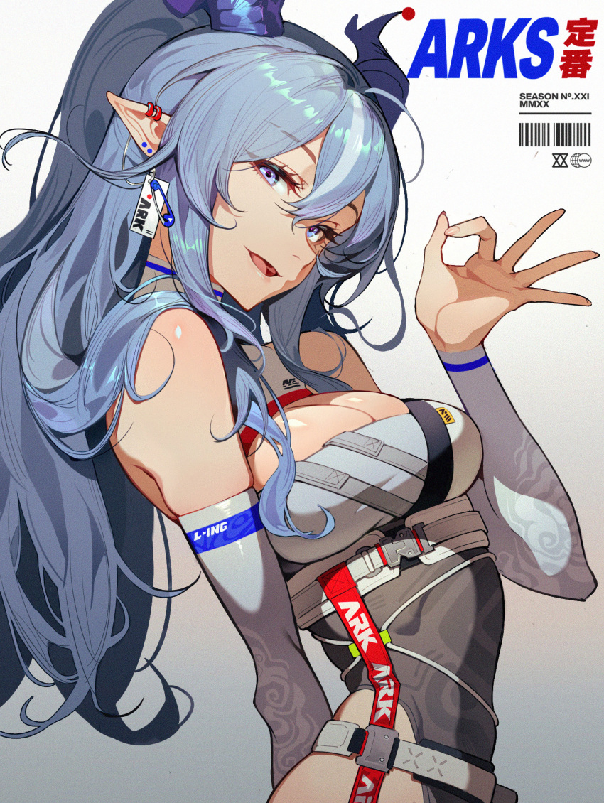 1girl alternate_costume arknights barcode bare_shoulders blue_eyes blue_hair dragon_girl dragon_horns earrings hachisan hand_up highres horns jewelry ling_(arknights) long_hair ok_sign pointy_ears racequeen upper_body