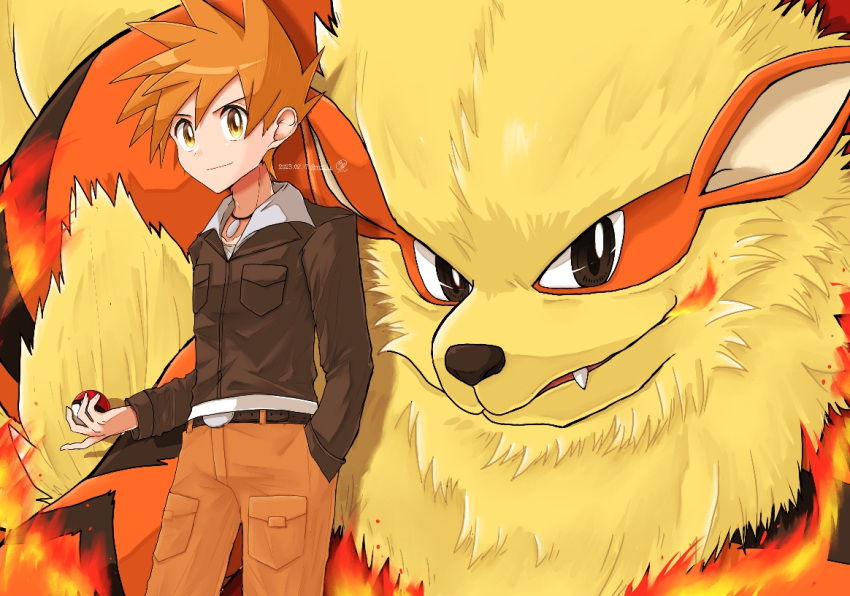 1boy arcanine bangs belt belt_buckle blue_oak breast_pocket brown_jacket buckle closed_mouth commentary_request dated hand_in_pocket holding holding_poke_ball jacket jewelry long_sleeves m12ki male_focus necklace orange_hair orange_pants pants pocket poke_ball poke_ball_(basic) pokemon pokemon_(creature) pokemon_(game) pokemon_hgss short_hair smile spiky_hair watermark