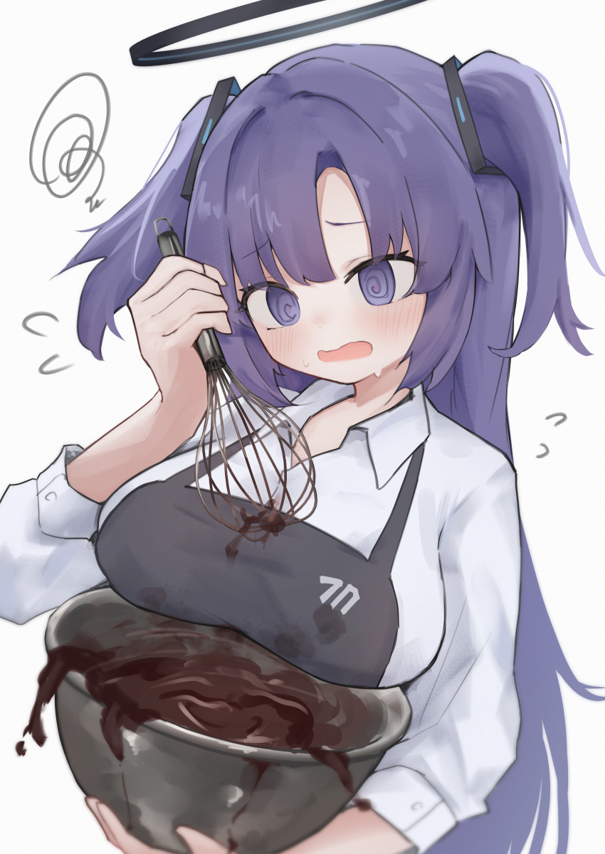 1girl @_@ absurdres apron bangs blue_archive blush breast_rest breasts carried_breast_rest carrying chocolate collared_shirt d: flying_sweatdrops furrowed_brow halo highres large_breasts long_hair long_sleeves looking_down msrn39 open_mouth parted_bangs purple_hair shirt sidelocks simple_background solo squiggle stain stained_clothes stirring sweatdrop two_side_up upper_body valentine violet_eyes wavy_mouth whisk white_background white_shirt yuuka_(blue_archive)