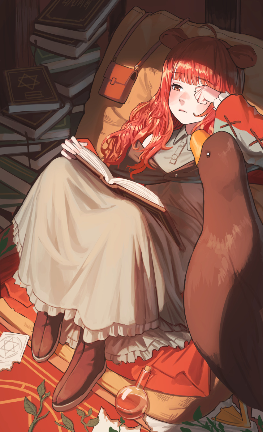 1girl absurdres animal animal_ears bag bangs bird book book_stack brown_dress clenched_hand collared_shirt dress duck hand_up highres holding holding_book long_hair lying mj154123 on_back original reading redhead rubbing_eyes shirt shoulder_bag sitting vial