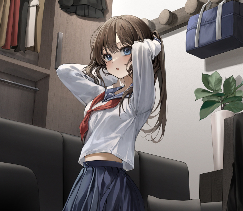 1girl :o absurdres arms_behind_head arms_up bag bangs black_skirt blue_bag blue_eyes blush breasts brown_hair clothes couch hand_in_own_hair highres indoors long_hair long_sleeves looking_at_viewer medium_breasts midriff neckerchief open_mouth original plant potted_plant red_neckerchief school_uniform serafuku shirt skirt solcha solo wardrobe white_shirt