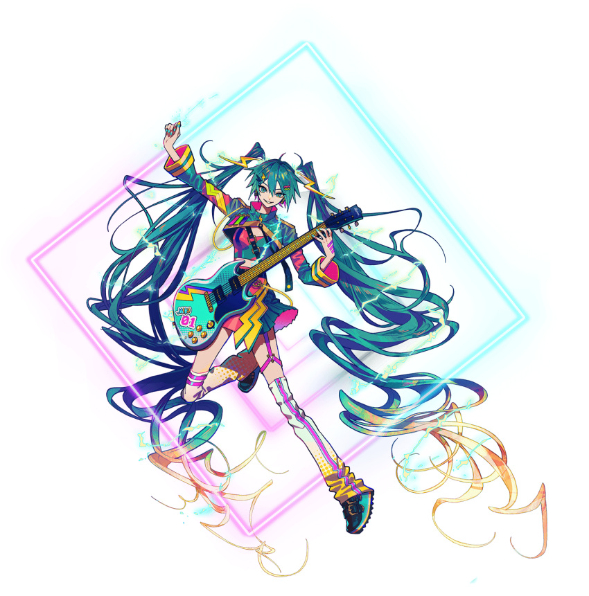 1girl absurdly_long_hair ahoge akiakane aqua_eyes aqua_footwear aqua_hair aqua_nails aqua_skirt arm_up belt black_belt black_footwear blonde_hair colored_tips electric_guitar electricity garter_straps glowing gradient_hair grin guitar hair_between_eyes hair_ornament halftone hand_up hatsune_miku hatsune_miku_japan_tour_2023_~thunderbolt~ high_collar highres holding holding_instrument holding_plectrum instrument leg_up leg_warmers lightning_bolt-shaped_pupils lightning_bolt_hair_ornament lightning_bolt_symbol long_hair long_sleeves looking_at_viewer midriff multicolored_hair nail_polish neon_lights neon_palette official_alternate_costume official_art pink_hair pleated_skirt plectrum second-party_source shoes shrug_(clothing) simple_background single_garter_strap skirt smile solo thigh_strap transparent_background triangle_ring twintails two-sided_fabric two-sided_skirt two-sided_sleeves very_long_hair vocaloid wavy_hair