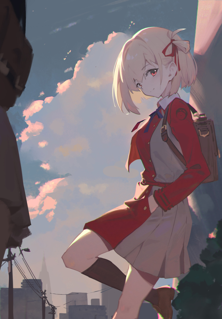 1girl blonde_hair dress head_tilt highres leg_up looking_at_viewer looking_to_the_side lycoris_recoil lycoris_uniform mmj nishikigi_chisato outdoors red_dress red_eyes solo standing standing_on_one_leg