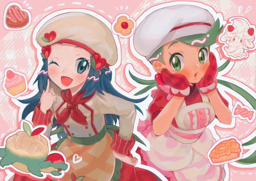 2girls ;d abe_(kumayu) alcremie appletun apron bangs blush buttons commentary_request cosplay costume_switch dawn_(palentine's_2021)_(pokemon) dawn_(pokemon)_(cosplay) dress eyelashes green_eyes grey_eyes hair_ornament hairclip hand_on_hip hand_up hat highres hikari_(pokemon) index_finger_raised long_hair long_sleeves mallow_(palentine's_2023)_(pokemon) mallow_(pokemon) mallow_(pokemon)_(cosplay) multiple_girls one_eye_closed open_mouth oven_mitts pokemon pokemon_(game) pokemon_masters_ex red_dress red_mittens red_skirt shirt short_sleeves sidelocks skirt smile swept_bangs twintails waist_apron white_headwear