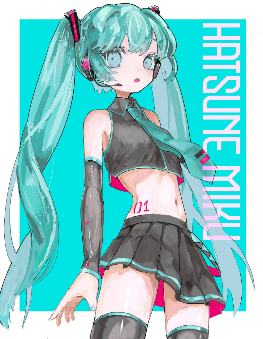 1girl adapted_costume aqua_background aqua_eyes aqua_hair aqua_necktie arms_at_sides bare_shoulders black_skirt black_sleeves black_thighhighs blue_nails border breasts character_name contrapposto cowboy_shot crop_top detached_sleeves dot_nose expressionless fingernails hatsune_miku headset highres long_hair looking_at_viewer midriff narrow_waist navel necktie number_tattoo omuraisu_oisiii parted_lips pleated_skirt sideways_glance simple_background single_horizontal_stripe skinny skirt small_breasts solo stomach_tattoo tattoo thigh-highs tie_clip twintails two-sided_fabric very_long_hair vocaloid white_border wide-eyed zettai_ryouiki