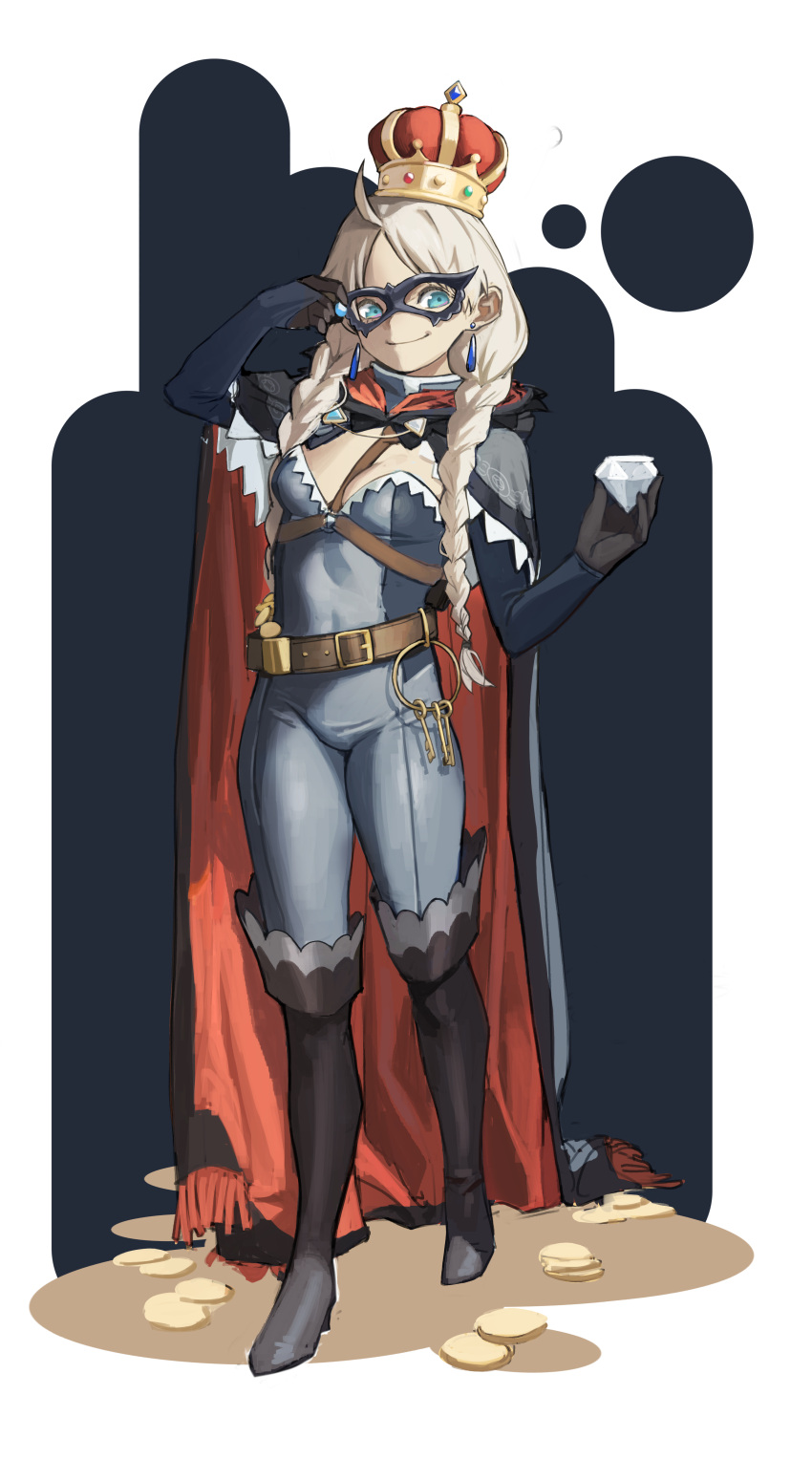 1girl absurdres blue_bodysuit blue_eyes bodysuit boots braid breasts cape chest_harness closed_mouth commission commissioner_upload crown crystal_earrings diamond_(gemstone) earrings eye_mask fire_emblem fire_emblem_fates fire_emblem_heroes gem harness high_heels highres holding holding_gem hood hood_down hooded_cape jewelry knee_boots leather_belt looking_at_viewer low_twin_braids medium_breasts nina_(fire_emblem) nina_(thief)_(fire_emblem) non-web_source o-ring official_alternate_costume skin_tight smile sweetcassava turtleneck twin_braids white_hair
