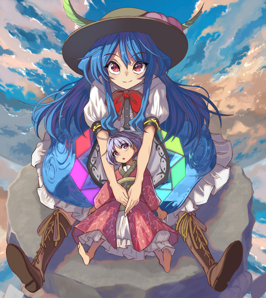 2girls bangs barefoot black_headwear blue_hair blue_sky boots bow bowtie brown_headwear closed_mouth clouds food fruit full_body highres hinanawi_tenshi japanese_clothes keystone kimono leaf long_hair looking_at_another looking_at_viewer minigirl multiple_girls open_mouth outdoors peach purple_hair red_bow red_bowtie red_eyes red_kimono shirt short_hair short_sleeves sitting sky smile sukuna_shinmyoumaru syope touhou white_shirt