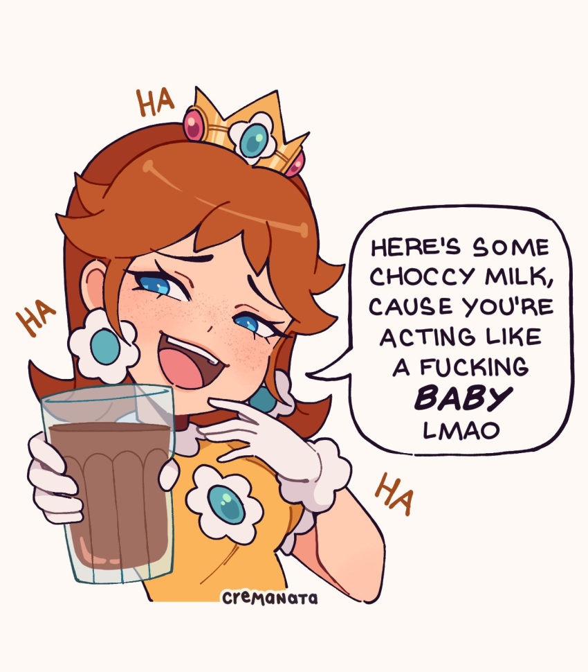 1girl blue_eyes brown_hair chocolate_milk cremanata crown cup dress drinking_glass earrings english_text freckles gloves highres holding holding_cup jewelry looking_at_viewer medium_hair open_mouth princess_daisy simple_background sound_effects speech_bubble super_mario_bros. white_background white_gloves yellow_dress