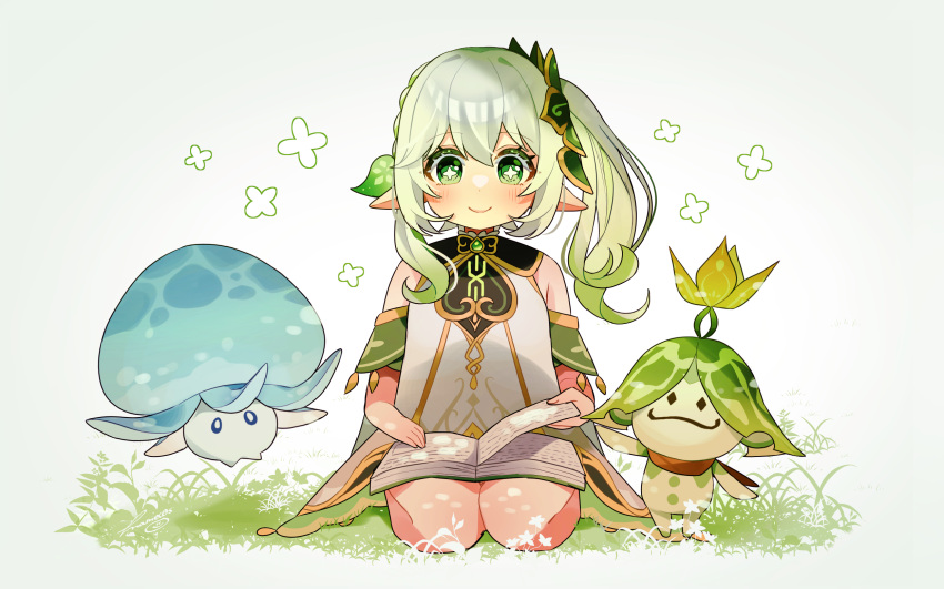 1girl arama_(genshin_impact) aranara_(genshin_impact) artist_name asymmetrical_hair bangs book book_on_lap braid cape closed_mouth commentary_request cross-shaped_pupils dress eyelashes flower_(symbol) full_body fungi_(genshin_impact) gem genshin_impact gold_trim grass green_cape green_eyes green_gemstone green_hair hair_between_eyes hair_ornament highres leaf_hair_ornament long_hair looking_at_viewer mamec0s multicolored_hair nahida_(genshin_impact) open_book pointy_ears ponytail red_scarf scarf seiza side_ponytail sidelocks signature simple_background single_braid sitting sleeveless sleeveless_dress smile symbol-shaped_pupils white_background white_dress white_hair