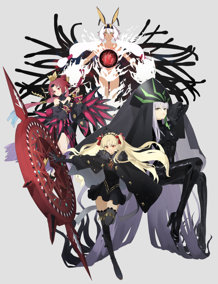 4girls absurdres animal_ears bangs benienma_(fate) benienma_alter_(fate) black_bodysuit black_dress black_footwear black_gloves black_headwear black_thighhighs blonde_hair bodysuit commentary_request dark-skinned_female dark_skin dress ereshkigal_(fate) ereshkigal_alter_(fate) facepaint fate/grand_order fate_(series) fire full_body gloves grey_background hair_ribbon hairband hat heterochromia high_heels highres holding holding_sword holding_weapon jackal_ears katana kingprotea_(fate) latex long_hair magic multiple_girls ne_f_g_o nitocris_(fate) nitocris_alter_(fate) purple_hair red_eyes red_ribbon redhead ribbon simple_background sword thigh-highs tongue tongue_out two_side_up veil violet_eyes weapon white_fire xochitonal_(fate) yellow_eyes