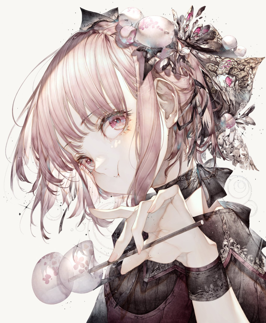 1girl bangs black_bow black_choker black_dress black_ribbon blush bow butterfly_hair_ornament butterfly_wings choker closed_mouth commentary dango dress eyelashes fingernails floral_print flower food grey_background grey_flower hair_bobbles hair_flower hair_ornament hair_ribbon hand_up highres hito_komoru holding holding_food long_fingernails looking_at_viewer nail_polish original pink_eyes pink_flower pink_hair pink_nails ribbon short_hair short_sleeves simple_background solo symbol-only_commentary upper_body wagashi wings wristband